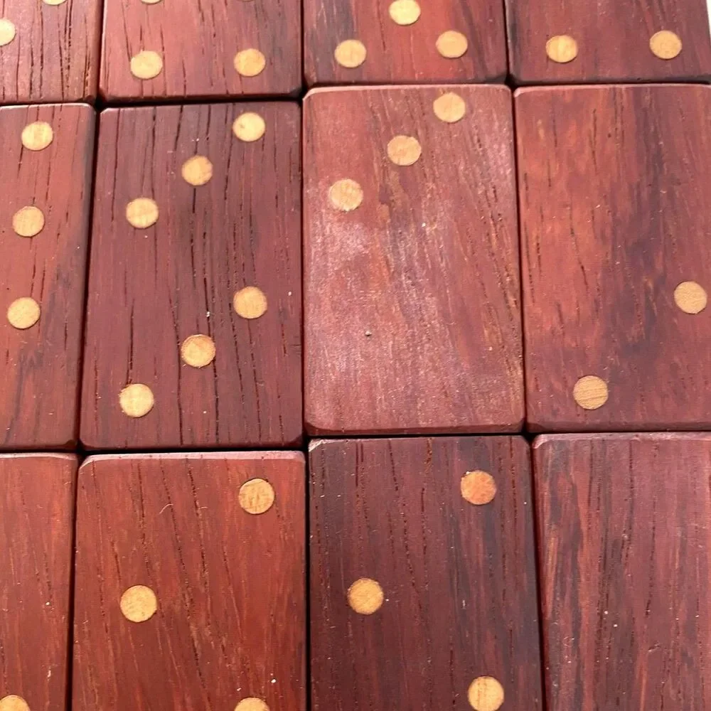 Vintage Wooden Dominoes Set Double 6 Handcrafted Red Wood 28 Tiles Velvet Bag